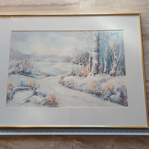 Watercolor painting winter landscape with gold frame, new