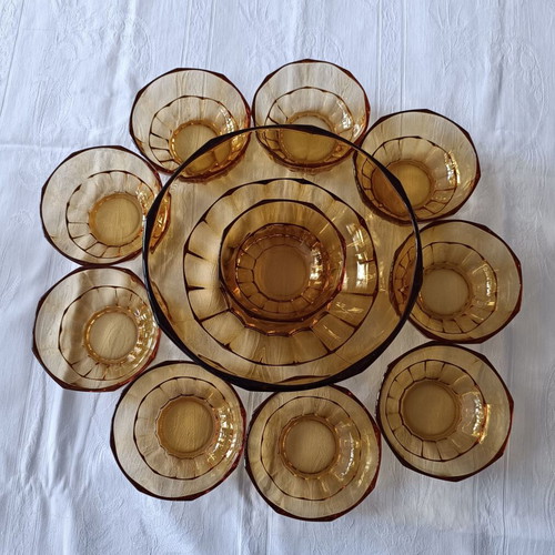 Art Déco vintage glass fruit salad set amber color like new, 11 pieces
