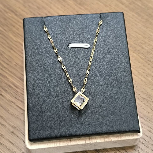Gold Color Necklace with Geometric Cube Pendant and White Zircon Stone