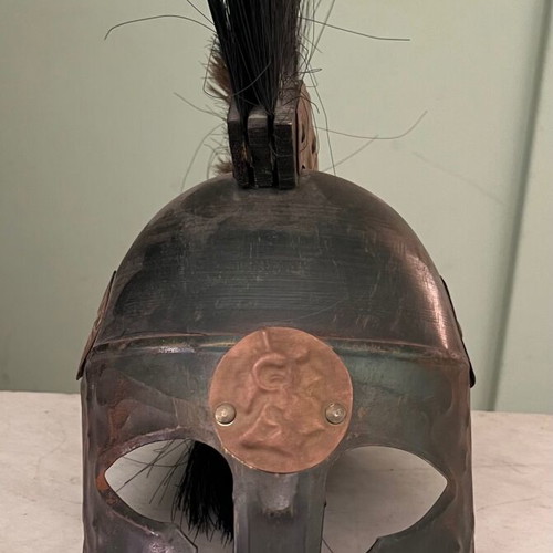 Tin helmet used with copper parts and wooden crest
