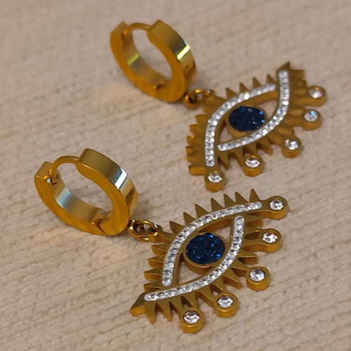 Stainless Steel Eye Earrings with Blue Iris and Zirconia, Boho Chic Glam
