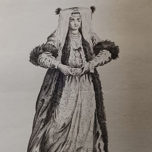Copper engraving used, bridal dress of Greek lady with wedding customs description