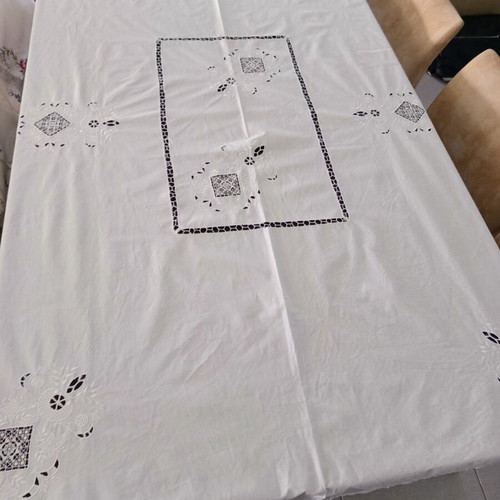 Tablecloth authentic handmade white with rich cutwork embroidery