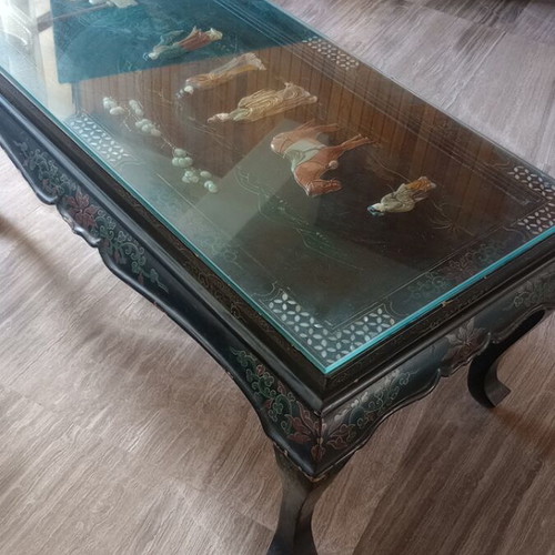 Carved table with folding legs used, traditional Chinese design