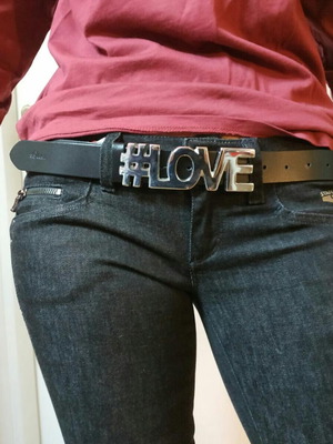Statement black leather belt S.Oliver like new with silver #love buckle 100 cm