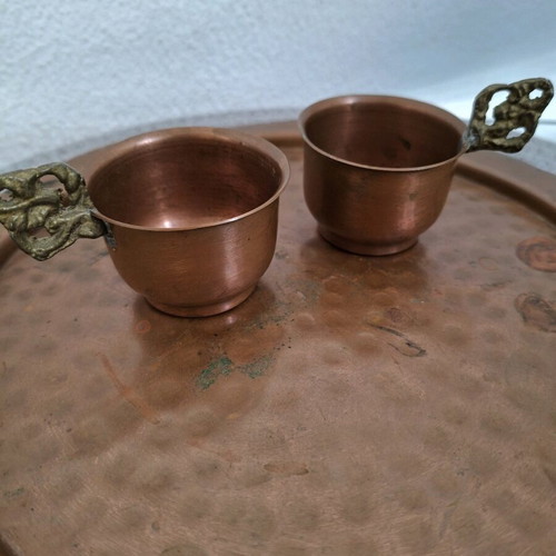 Copper hammered tray with glasses, used, 1960s