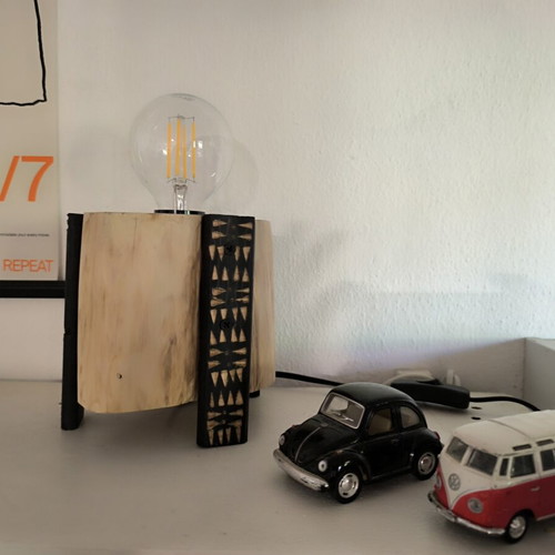Handmade table lamp from natural pine wood with carved legs