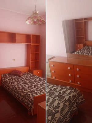 Wooden bedroom set with bed, mattress, nightstands, bookshelf, dresser with mirror