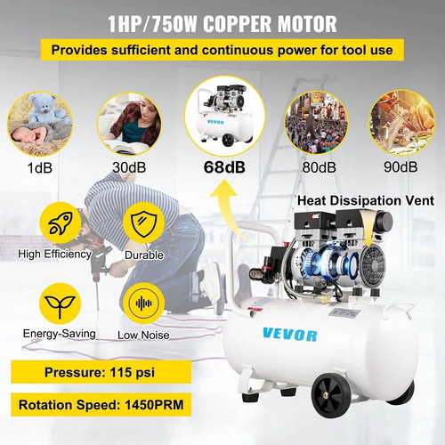 Vevor 50L Air Compressor 1HP Oil-Free Silent 8 Bar 750W New