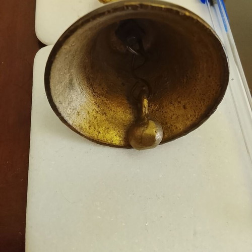 Vintage brass hand bell with ancient lyre handle, used, functional