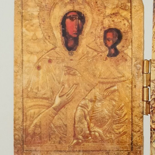 Vintage diptych icon with Virgin Mary and Archangel Michael used