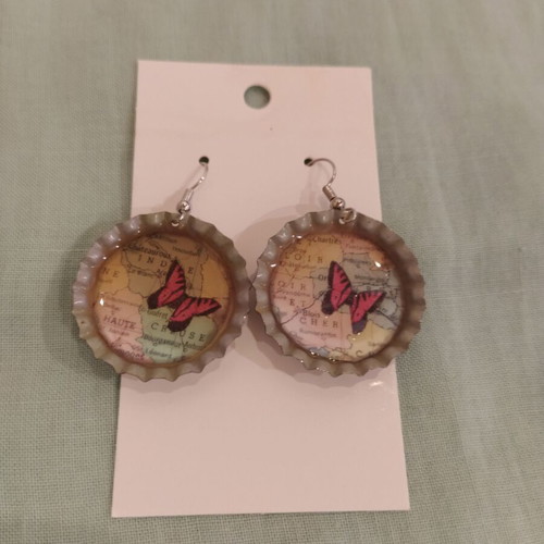 Butterfly Map Bottle Cap Earrings new, colorful