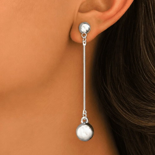 Long geometric drop earrings with silver spheres