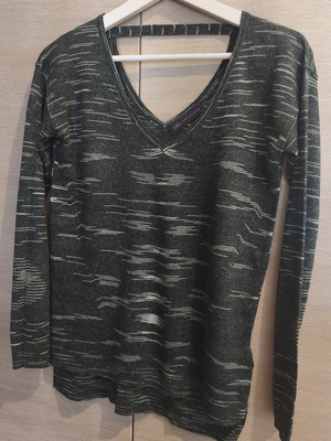 Marks & Spencer sweater, fine knit, charcoal green with white stripes, V-neck, size S