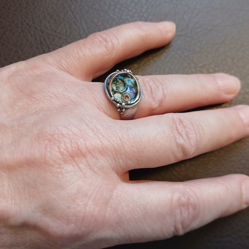 Silver 925 ring with gears and enamel, handmade, like new
