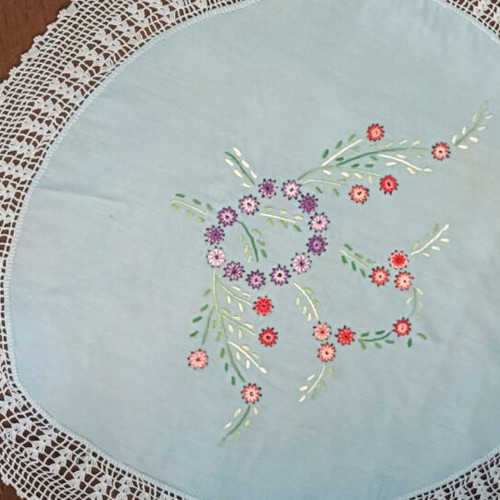 Doily handmade vintage used with spring embroidery 57cm diameter