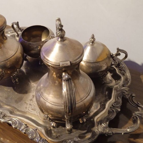 Silver-plated tea set 5 pieces with large tray F.B Rogers Lady Margaret like new