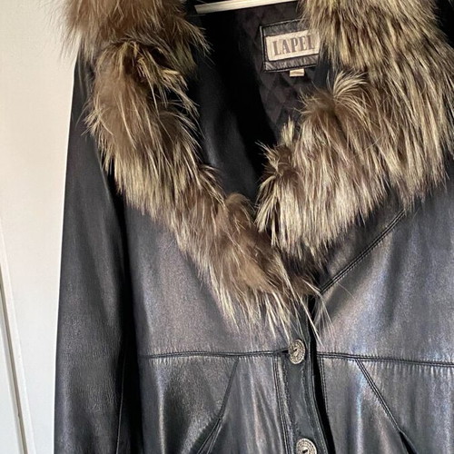 Lapel leather coat XXL with fox-type fur like new, black brown