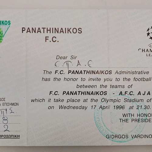 Collectible VIP Champions League ticket Panathinaikos 1996 like new