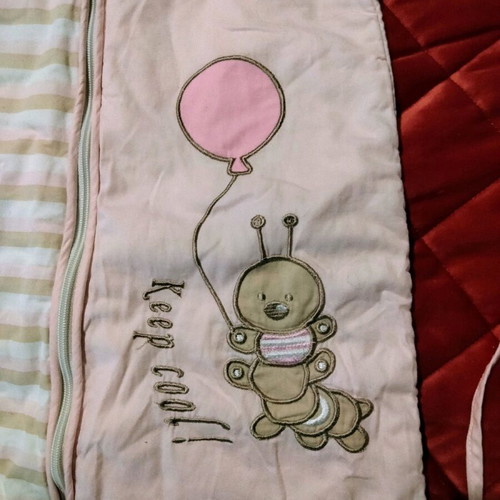 Baby Club sleeping bag like new, pink and white stripes with caterpillar design