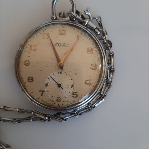 Pocket Watch Technos used, with silver chain, 1947, Swiss Made