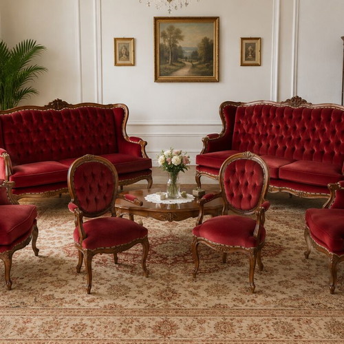 French Provincial Louis XV Style Living Room Suite 6-Piece Burgundy Velvet Like New