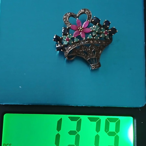 Large brooch with diamonds, sapphires, rubies and emeralds, 14K gold and silver