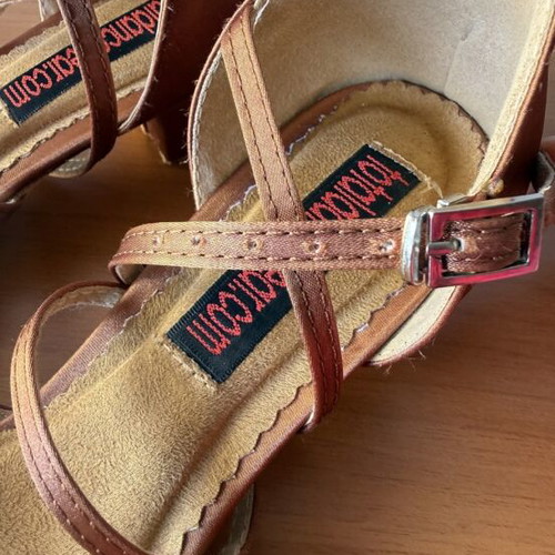 Latin dance shoes used, size 36, tan satin with adjustable strap