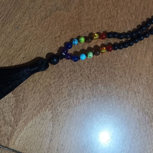 Mala from black agate for yoga, new with 7 chakras and silk tassel