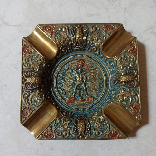 Brass souvenir ashtray used with embossed Colossus of Rhodes