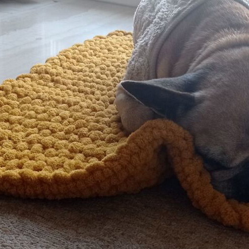 Handmade pet blanket with Alize Puffy yarn, mustard color, made to order