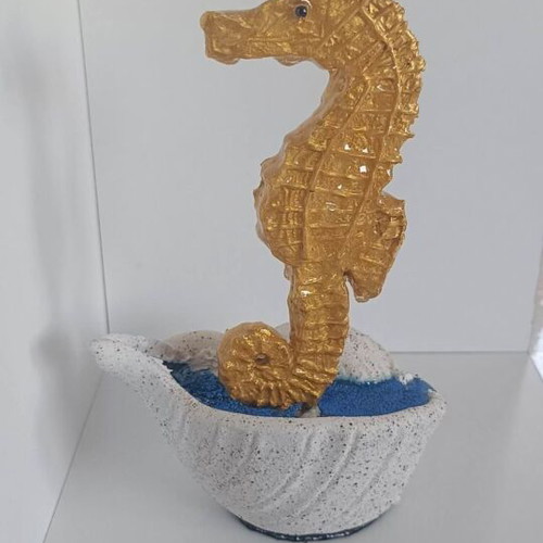Handmade Decorative Gold Seahorse from Clay and Resin with White Shell Base