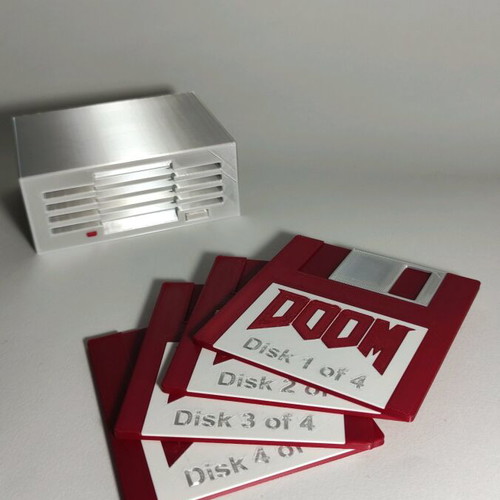 Retro Floppy Disk Coasters Set of 4 with Disk Drive Base Doom Edition new