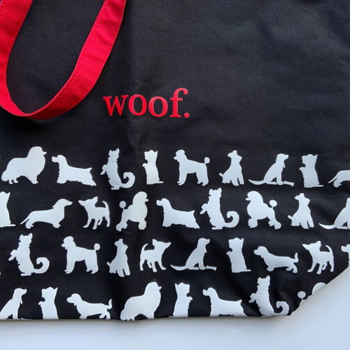 The WOOF Tote Bag new, black with white dog prints