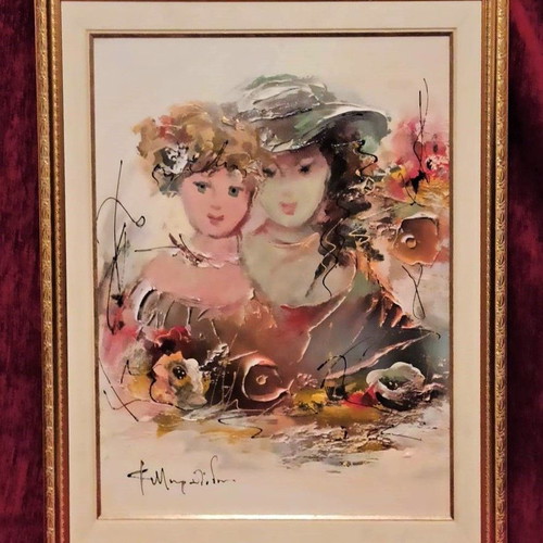 Authentic Fofi Mouratidou painting (Mama & Daughter) oil on canvas like new