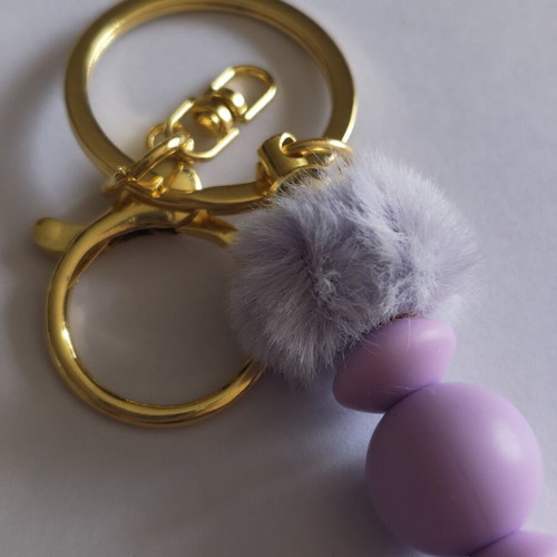 Handmade Pastel Purple Beaded Keychain with Fluffy Pom-Pom and Gold Hardware