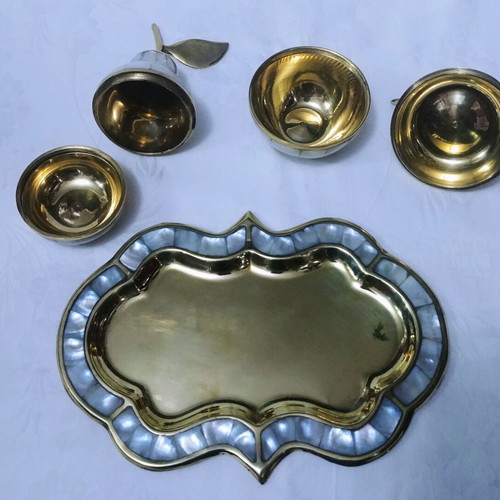 Brass and mother of pearl inlaid tray with used jewelry boxes from India 60s