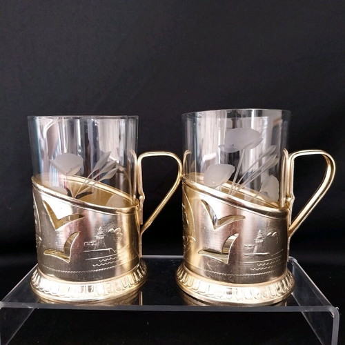 Vintage set of 2 metal holders with USSR glasses