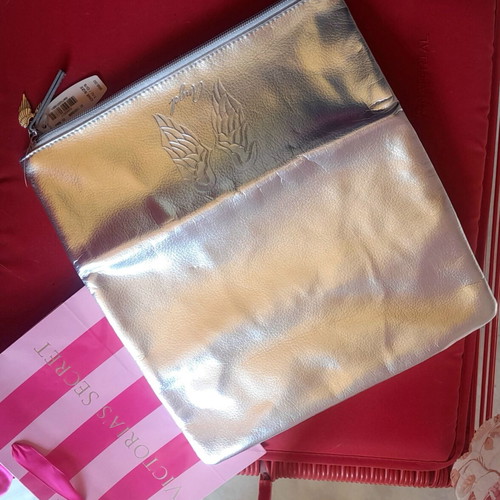 Victoria's Secret Angel silver fold-over clutch and cosmetic pouch new