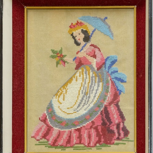 Vintage embroidered lady with umbrella frame like new, double depth frame