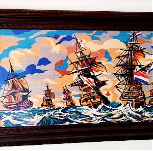 Κεντητός πίνακας αντίκα με θέμα γαλλικά πολεμικά πλοία σε φουρτουνιασμένη θάλασσα