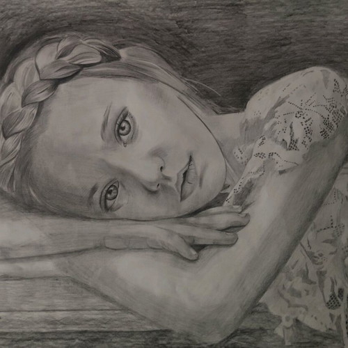 Girl with braid pencil drawing on paper new 35×50