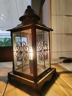 Vintage table lantern converted to electric lamp used, metal and glass
