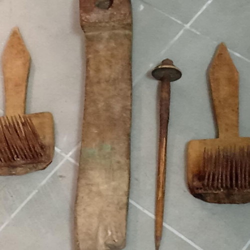 Weaving tools set used, 4 pieces including spindle, 1955 vintage