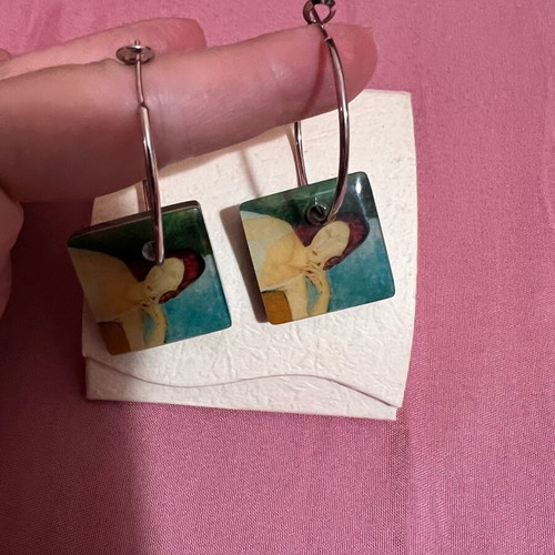 Art-Inspired Earrings Modigliani Portrait Design like new, silver hoops