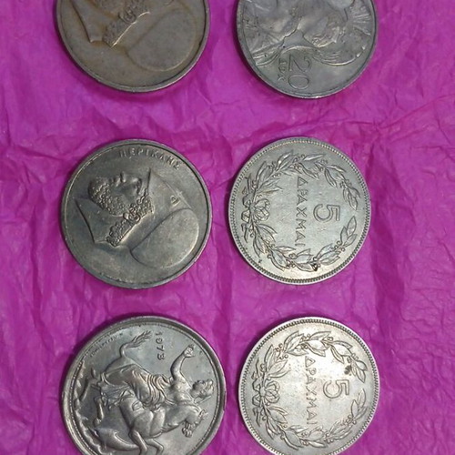 Collection of old Greek drachmas used, 6 coins