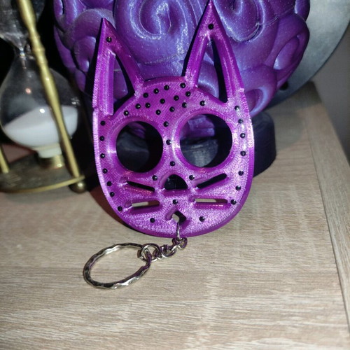 Handmade 3D Printed Cat Keychain with Rhinestones and Resin Coating like New, Purple