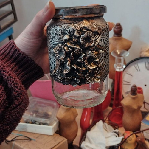 Mixed Media upcycled jar like new with handmade clay elements