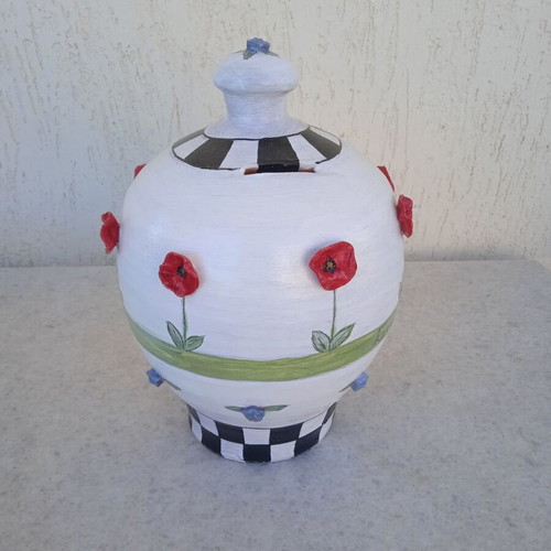 Handmade piggy bank with painted and embossed flowers, clay, new
