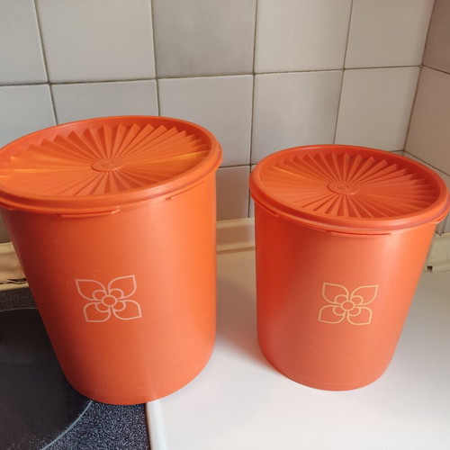 Tupperware containers used, set of two, large 21cm height, small 19cm height